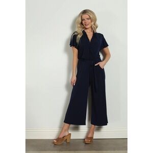 Veronica M Navy Blue Wrap V-Neck Flutter Sleeve Wide Leg Crop Jumpsuit Small NWT